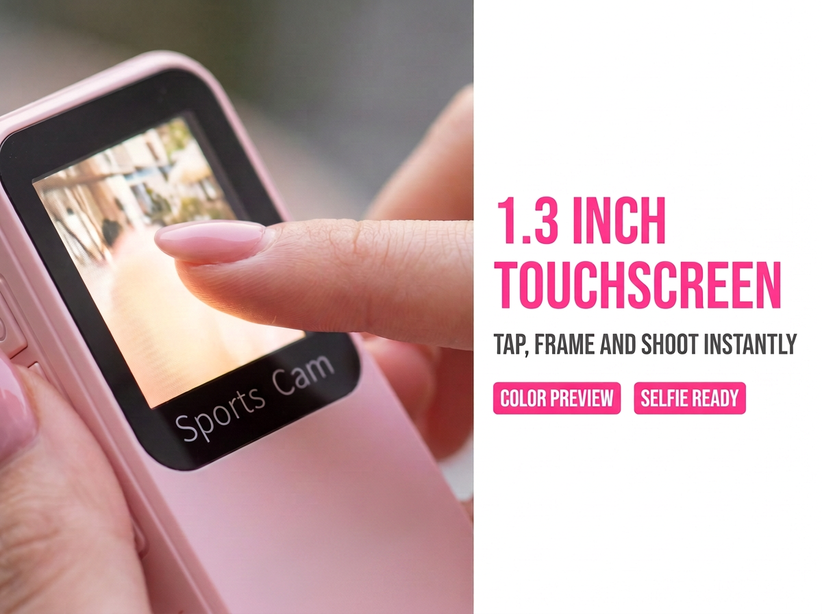 Ein Finger berührt den Touchscreen einer rosa Sportkamera mit Text, der ein 1,3-Zoll-Display bewirbt.