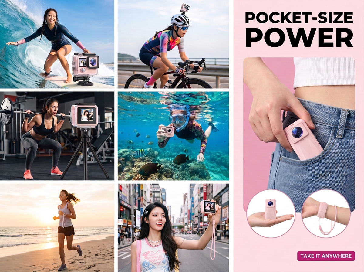 Verschiedene Personen nutzen eine kleine rosa Action-Kamera beim Surfen, Radfahren, Sport, Tauchen und im Alltag.