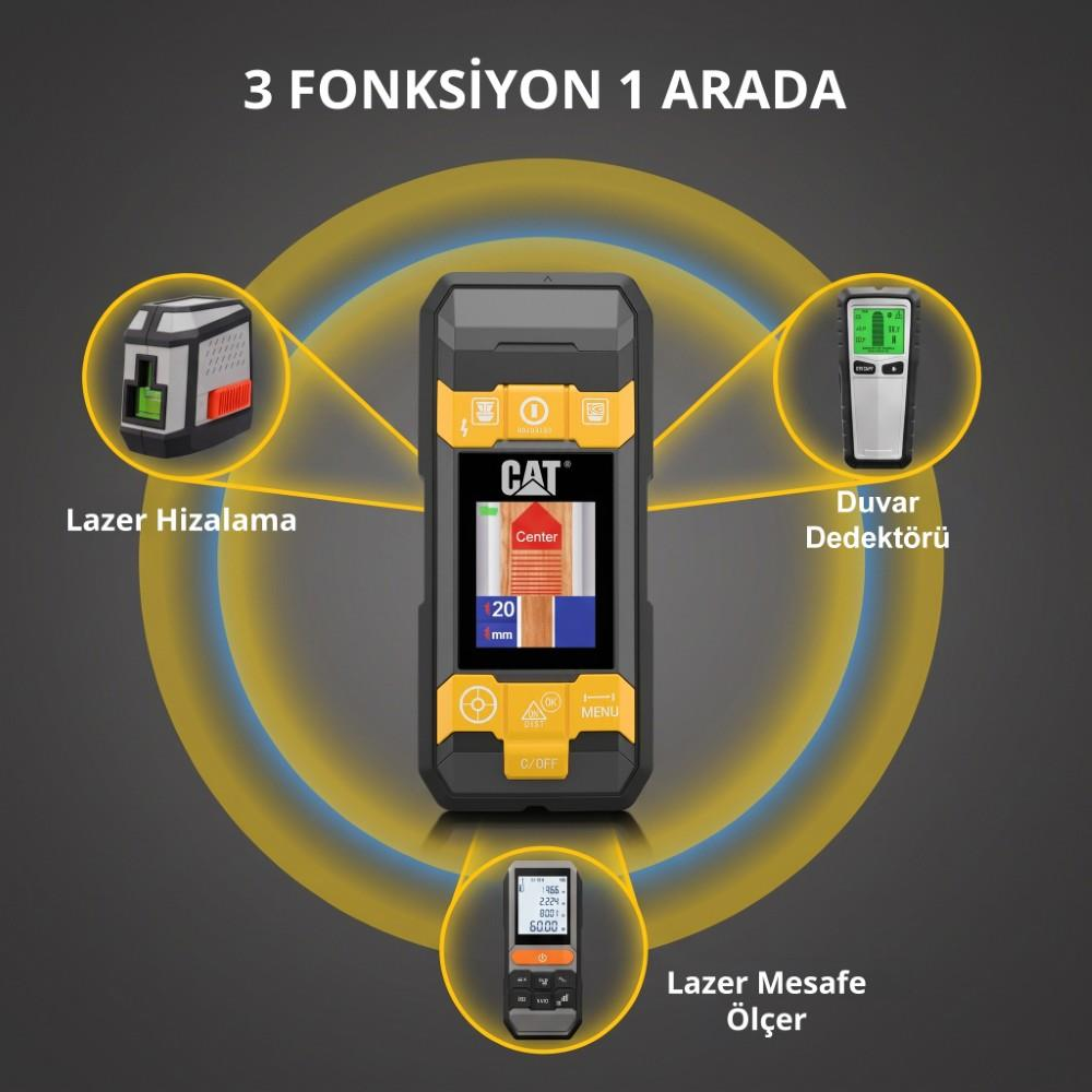 Lazer hizalama, duvar dedektörü ve lazer mesafe ölçer fonksiyonlarına sahip sarı siyah CAT cihazı.