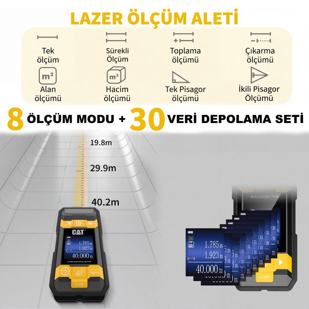 8 ölçüm modu ve 30 veri depolama özelliğine sahip lazer metre.