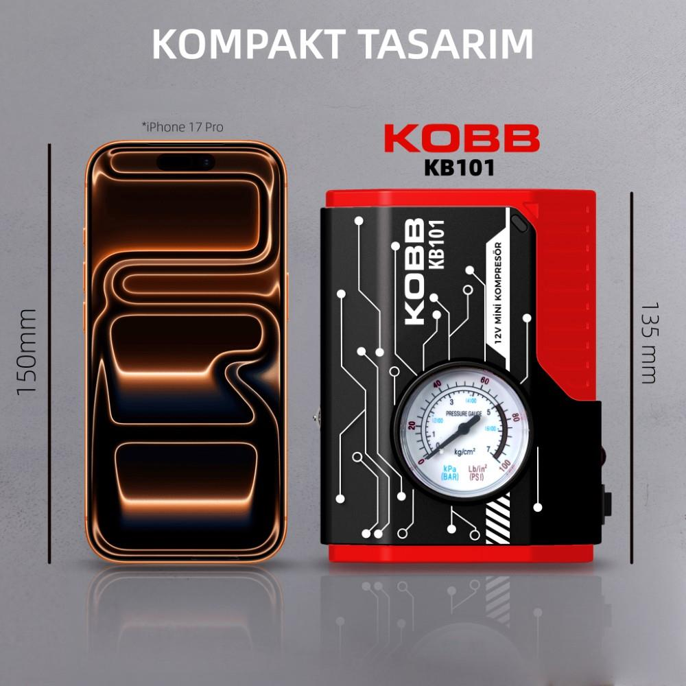 135 mm ve 150 mm ölçüleri gösteren akıllı telefonun yanında kompakt KOBB KB101 mini kompresör.