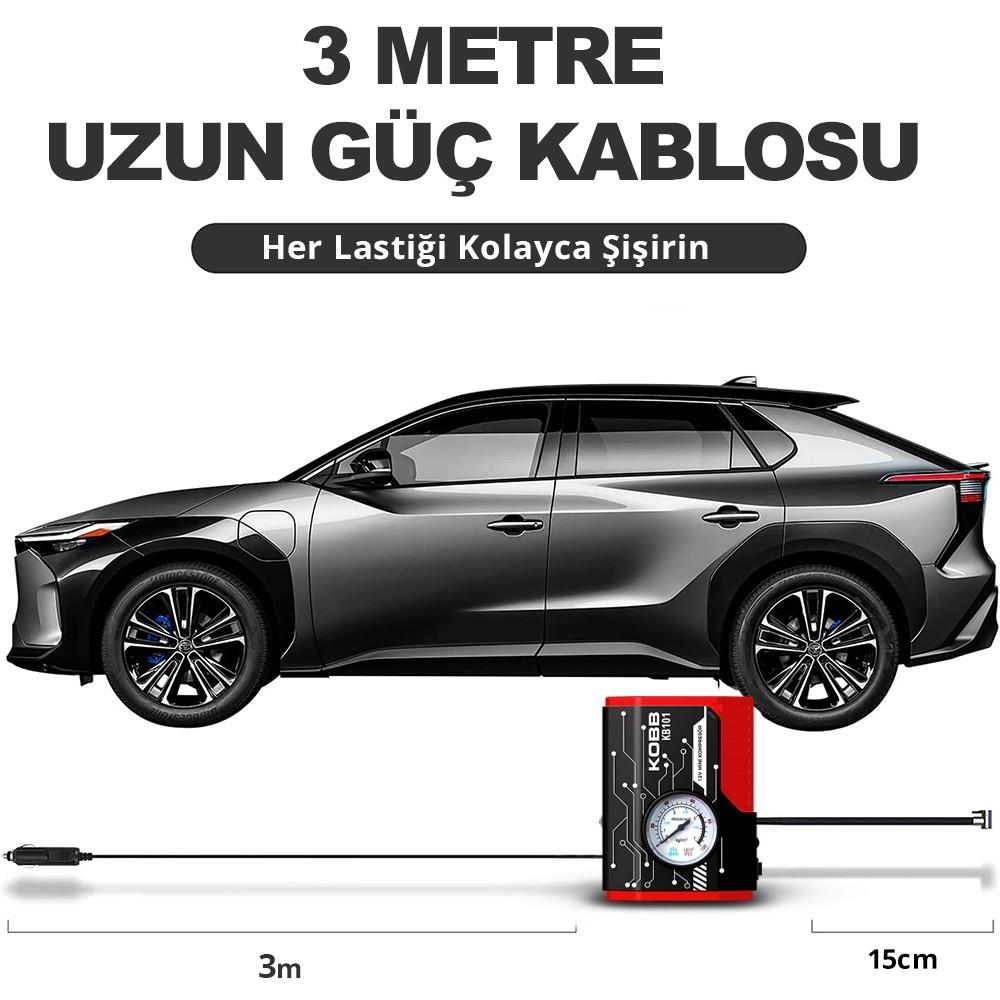 Üstte Türkçe metinler, önde kırmızı mini kompresör bulunan gri bir SUV.