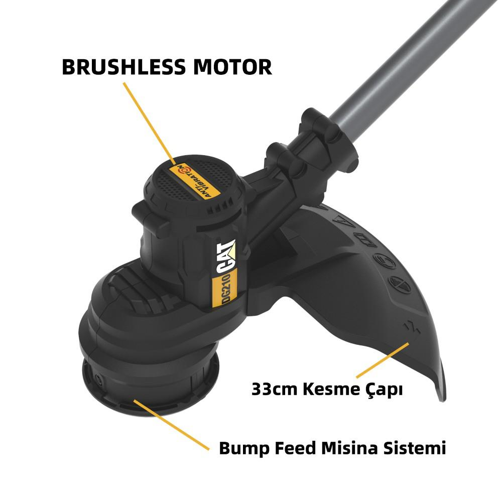 Kömürsüz motor, 33cm kesme çapı ve misina sistemi özelliklerini gösteren Cat tırpan şeması.