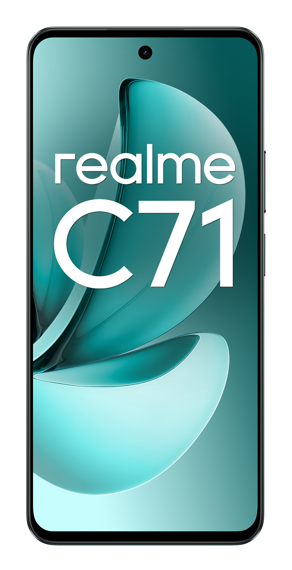 Smartphone realme C71 mit grünem Display und weisser Aufschrift.