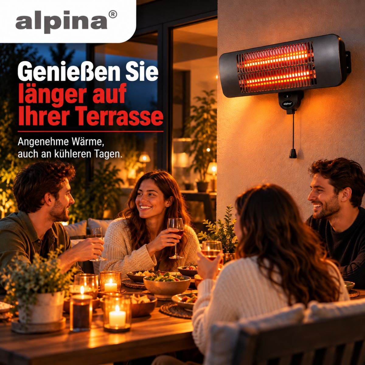 Four people sit at a set table in the evening while an Alpina patio heater on the wall provides warmth.