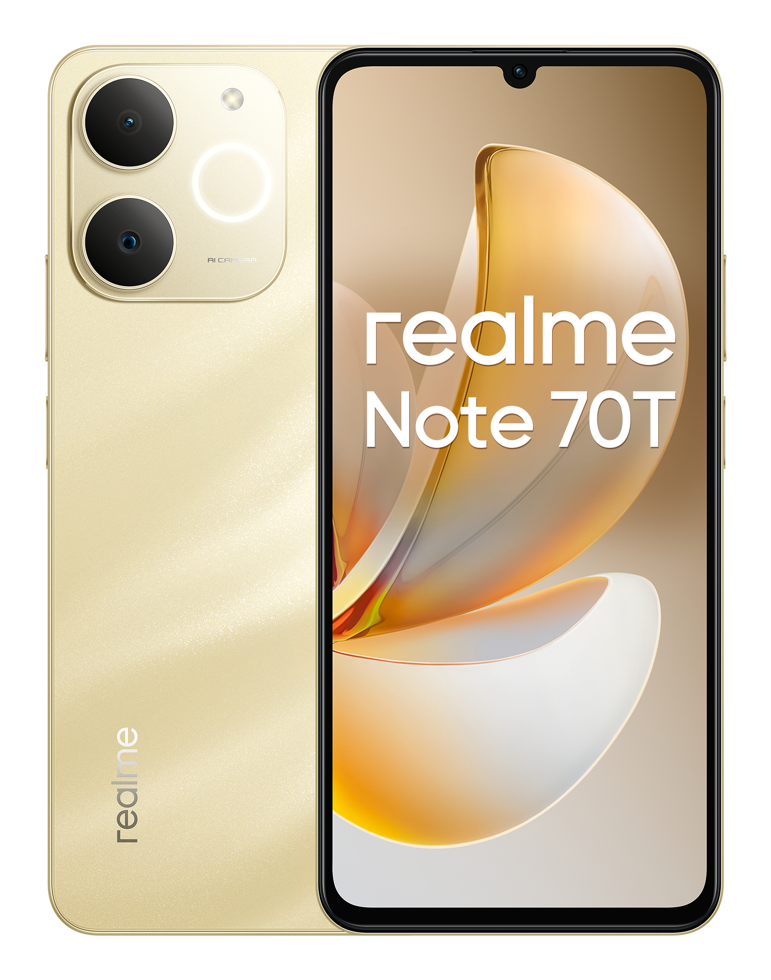 Goldenes Realme Note 70T Smartphone, Vorder- und Rückseite mit zwei Kameras.