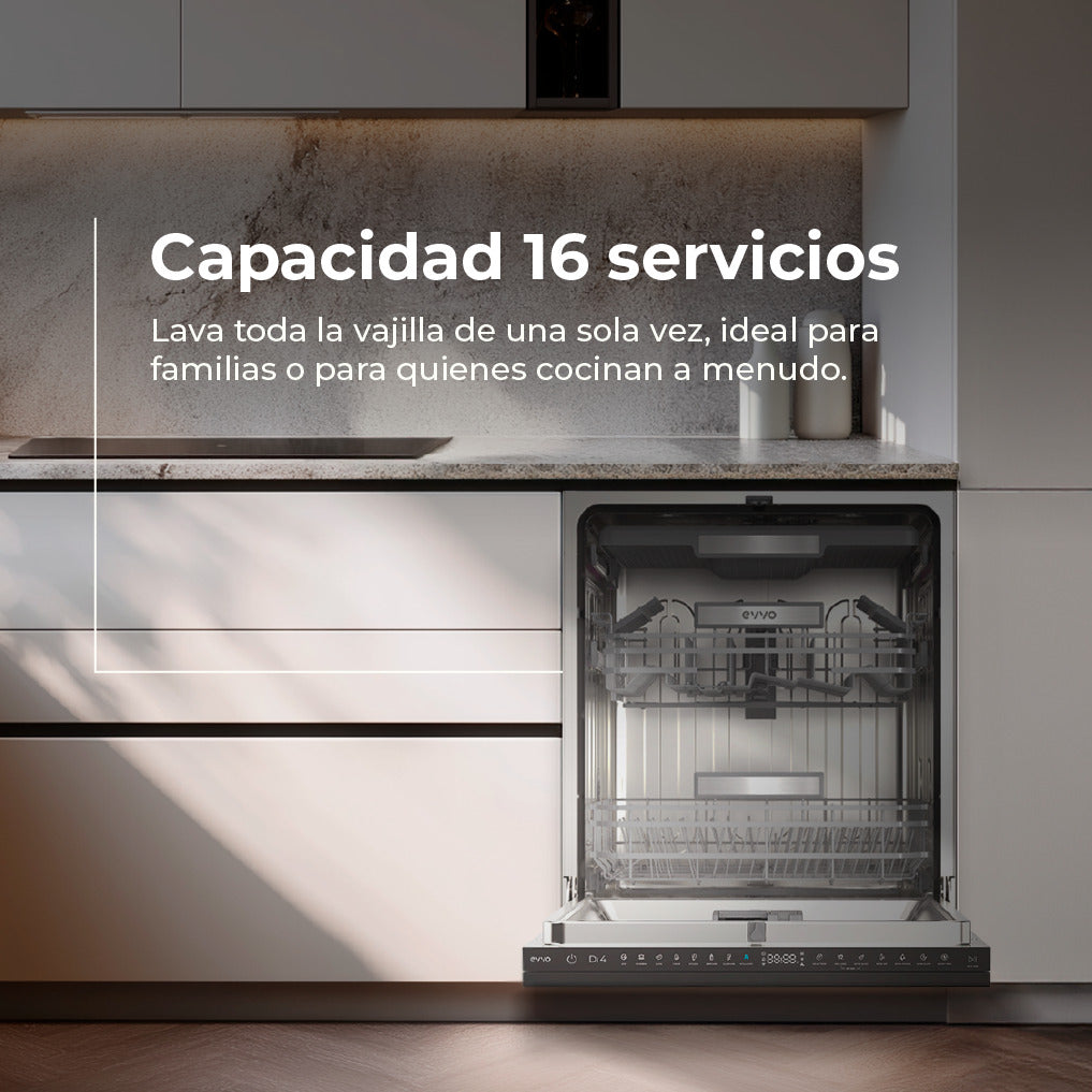 Lavavajillas integrado abierto en una cocina moderna con texto sobre su capacidad de 16 servicios.