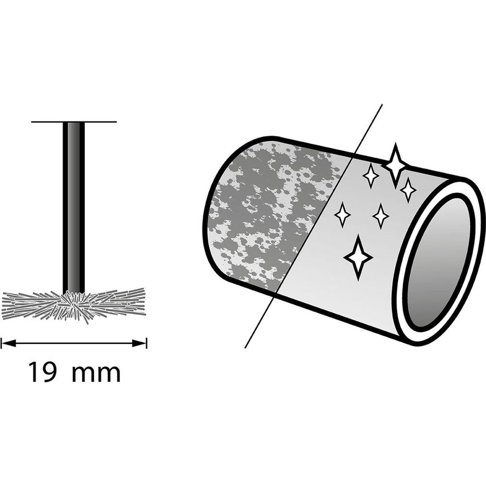 Diagramm zeigt ein 19 mm breites Werkzeug und ein Rohr, das auf einer Hälfte gereinigt und glänzend dargestellt wird.