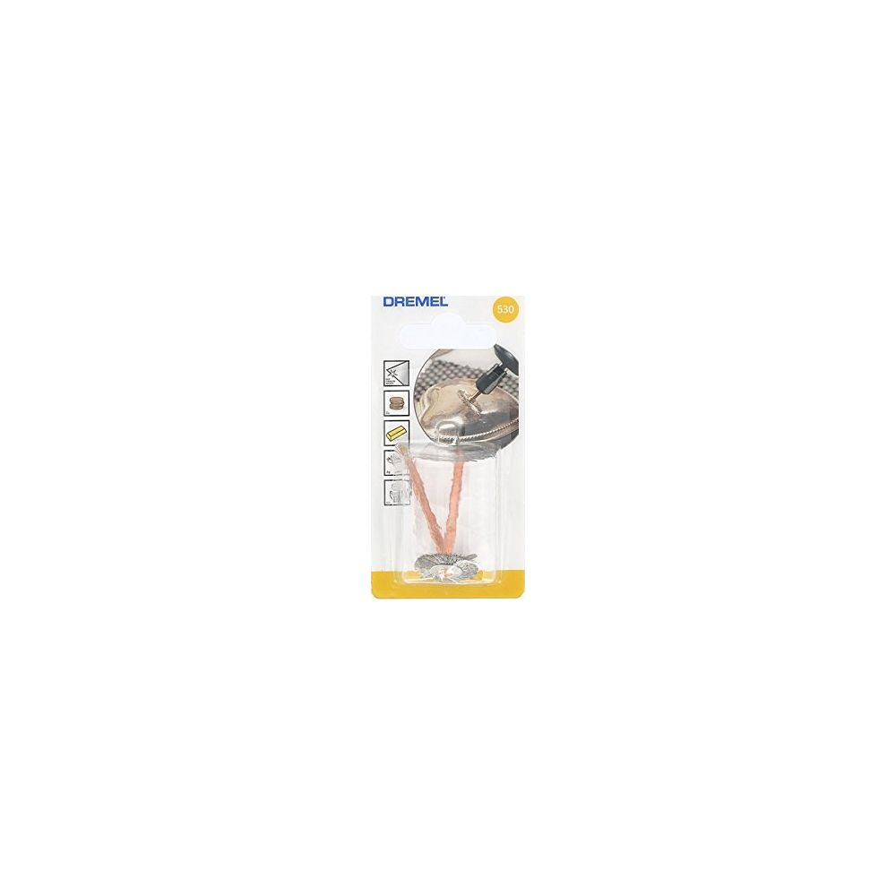 Dremel 530 Edelstahl-Bürsten im originalen weiss-gelben Blisterpack vor weißem Hintergrund.