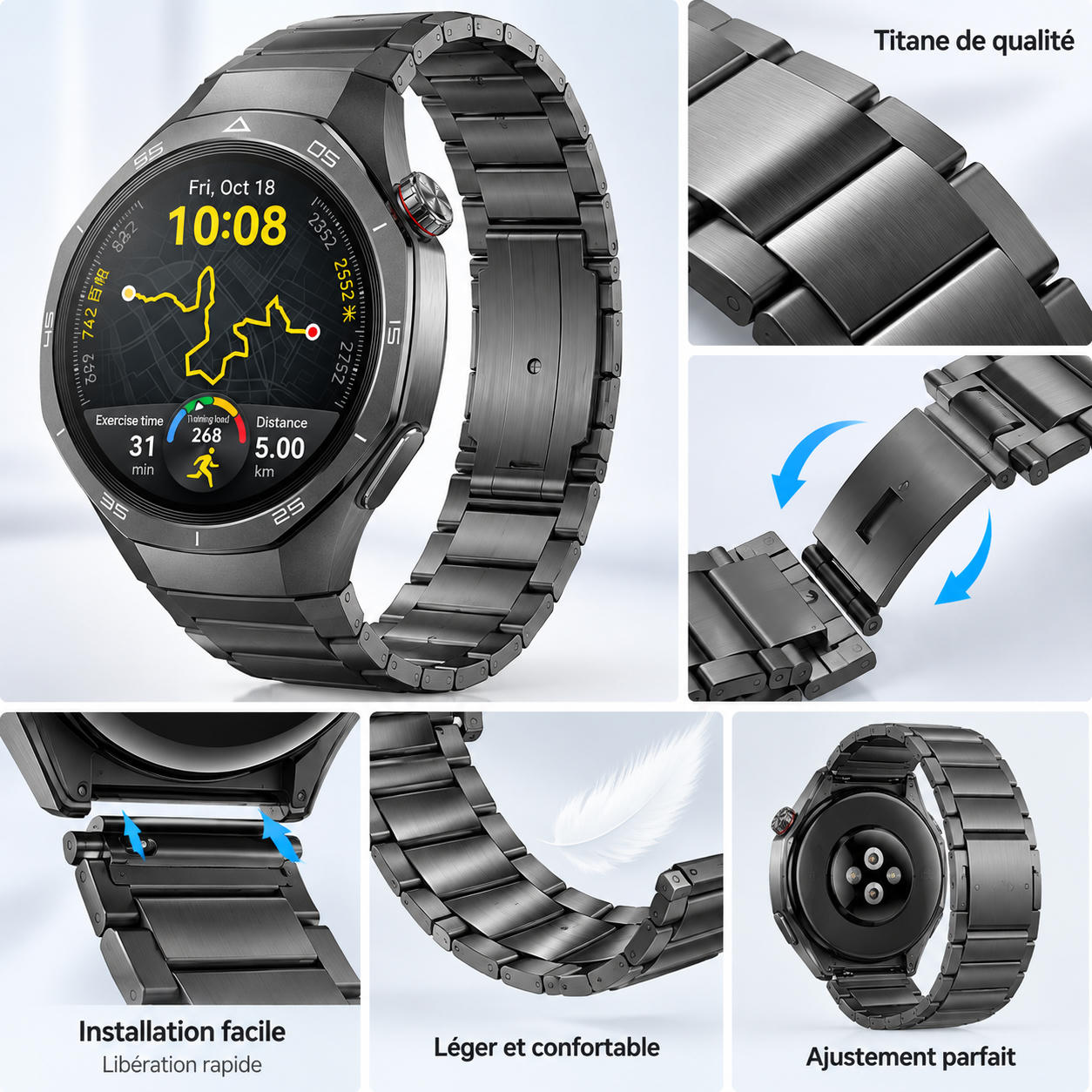 Eine schwarze Titaniam-Smartwatch mit Metallarmband in verschiedenen Detailansichten.
