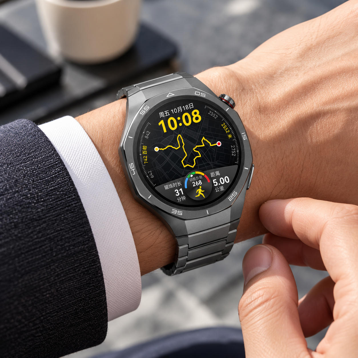 Nahaufnahme einer Person mit einer dunklen Metall-Smartwatch mit Karte und Fitnessdaten.
