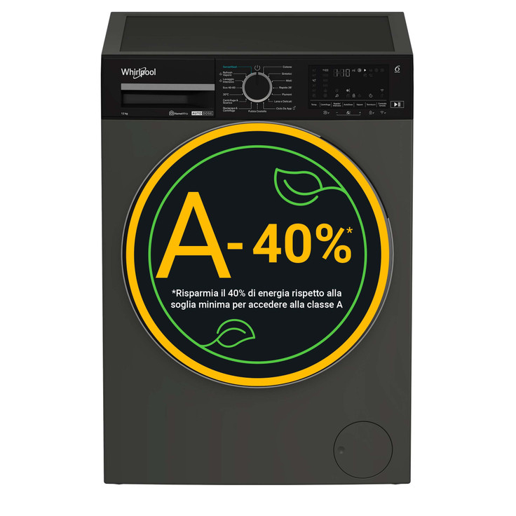 Lavatrice Whirlpool grigio scuro con una grande etichetta rotonda di efficienza energetica A-40% sul cestello.
