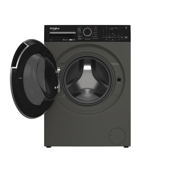 Lavatrice Whirlpool grigio scuro con sportello aperto e pannello di controllo digitale.