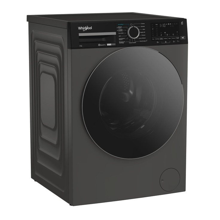 Moderna lavatrice a carica frontale Whirlpool grigio scuro con display digitale.
