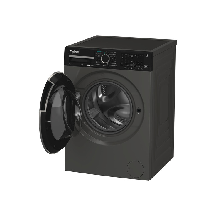 Lavatrice Whirlpool grigio scuro con sportello aperto, display digitale e manopola su sfondo bianco.