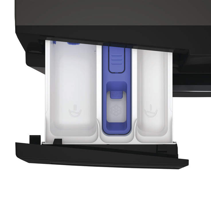Cassetto del detersivo aperto con tre scomparti e un contenitore blu per l'ammorbidente in una lavatrice.