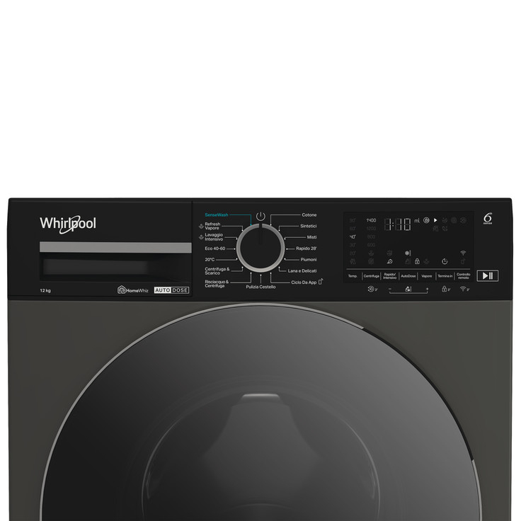 Pannello di controllo di una lavatrice Whirlpool nera con manopola e display digitale.
