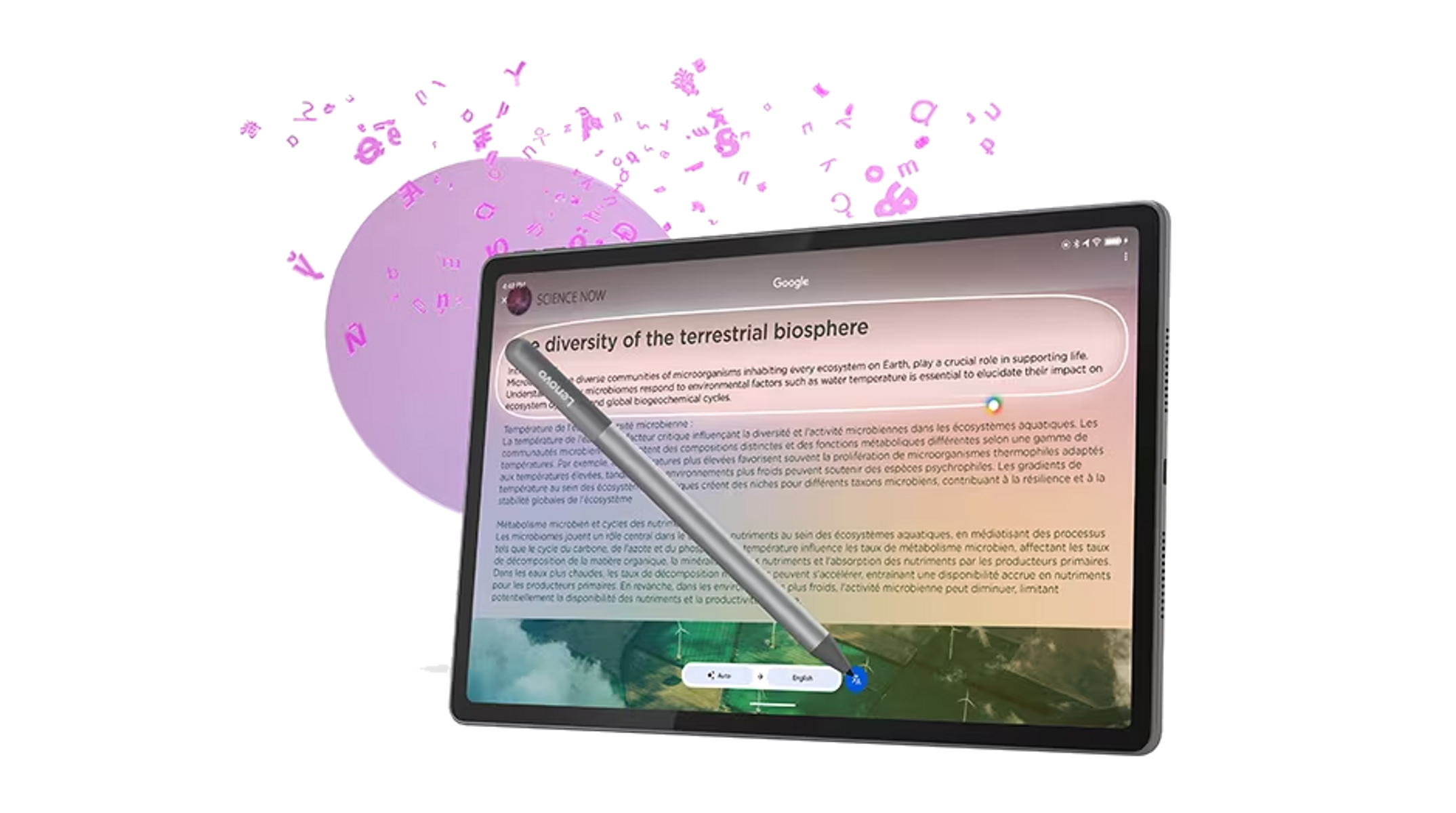 Una tableta muestra texto sobre la biosfera terrestre, con un lápiz óptico en la pantalla y fondo rosa.