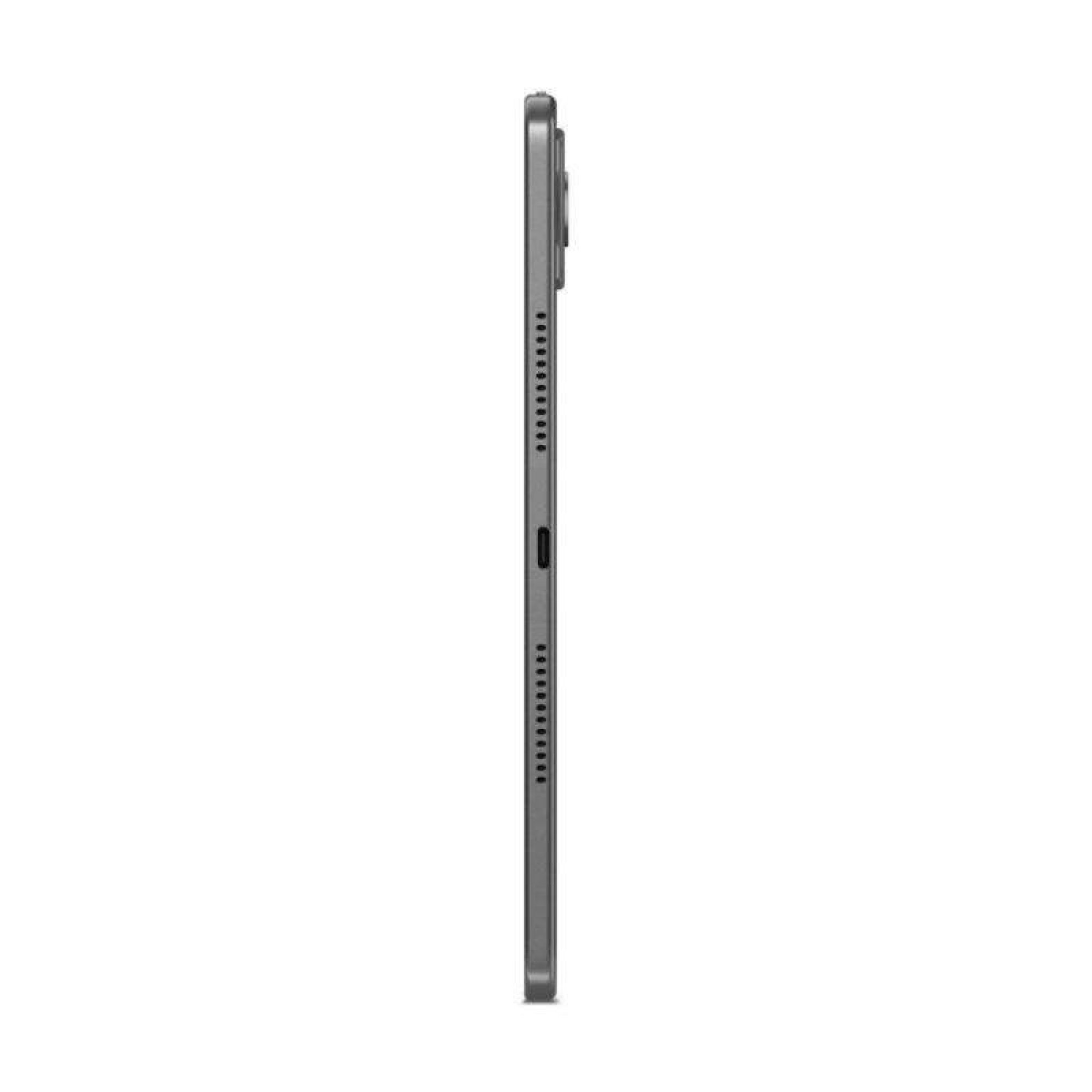 Vista lateral de una tableta gris con altavoces y puerto USB-C.