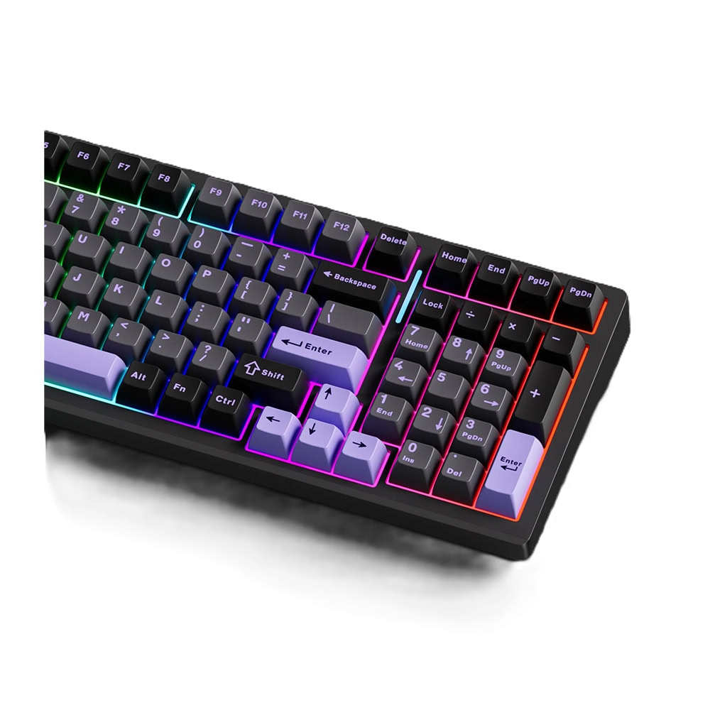 Özelleştirilebilir RGB arka aydınlatmaya sahip, gri ve mor tuş başlıkları olan mekanik bir oyun klavyesi.