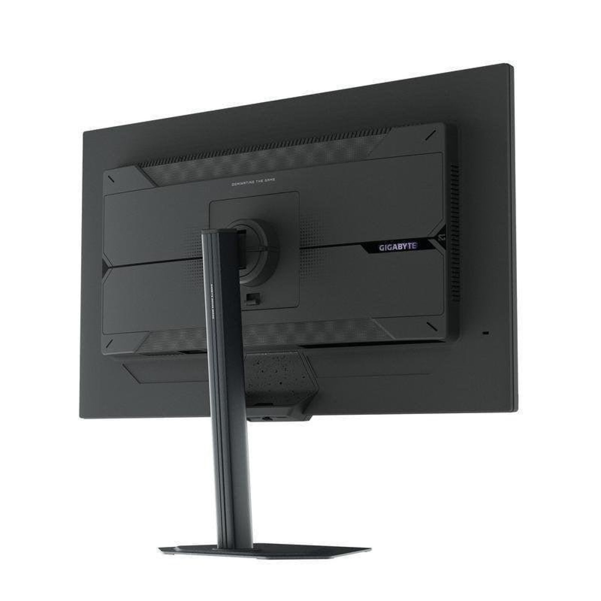 Widok z tyłu czarnego monitora Gigabyte z podstawką na białym tle.