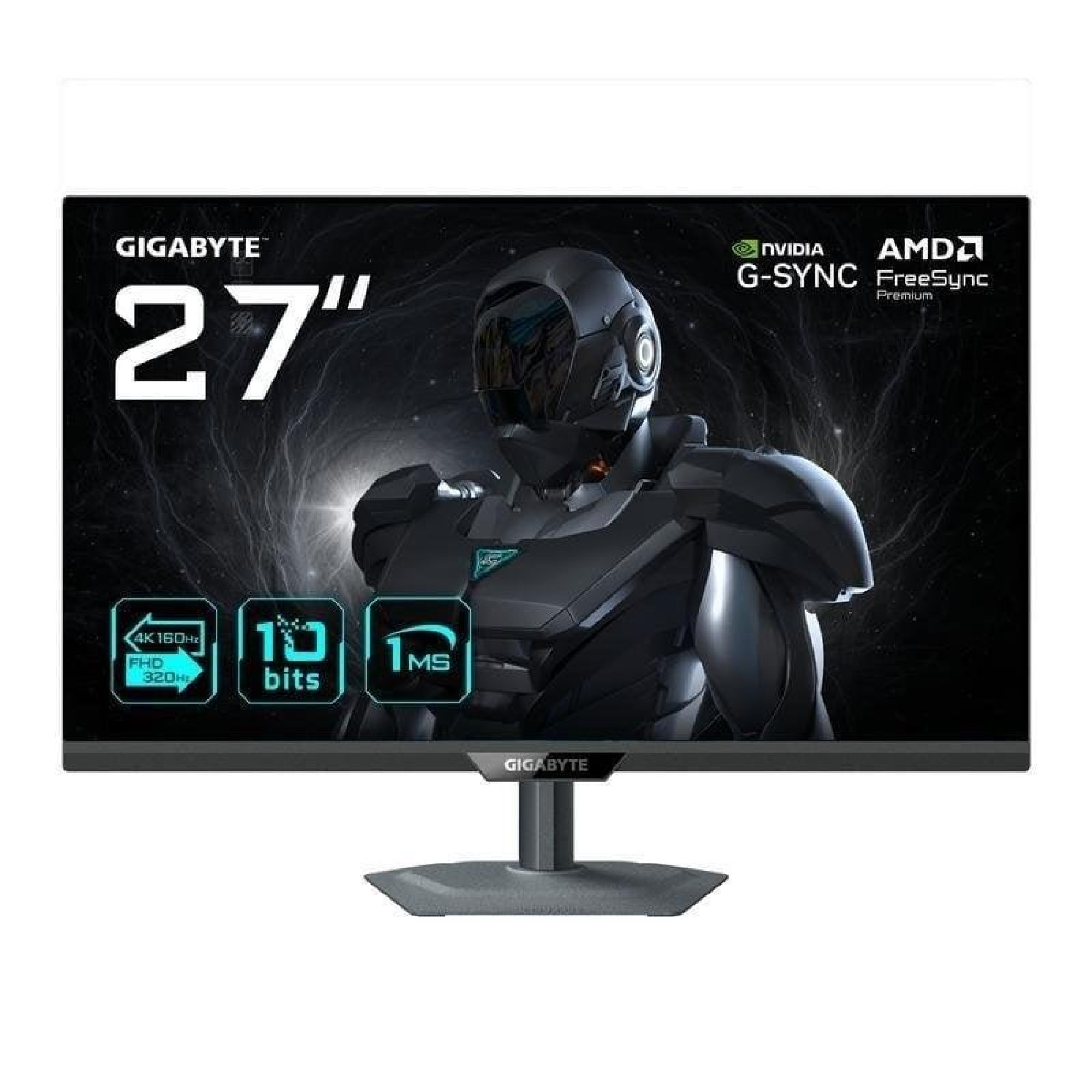 27-calowy monitor gamingowy Gigabyte z futurystycznym robotem i ikonami funkcji na ekranie.
