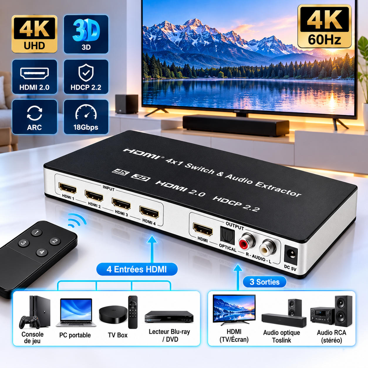 HDMI 4x1 Switch und Audio Extractor mit Fernbedienung, Ein- und Ausgängen sowie Symbolen.