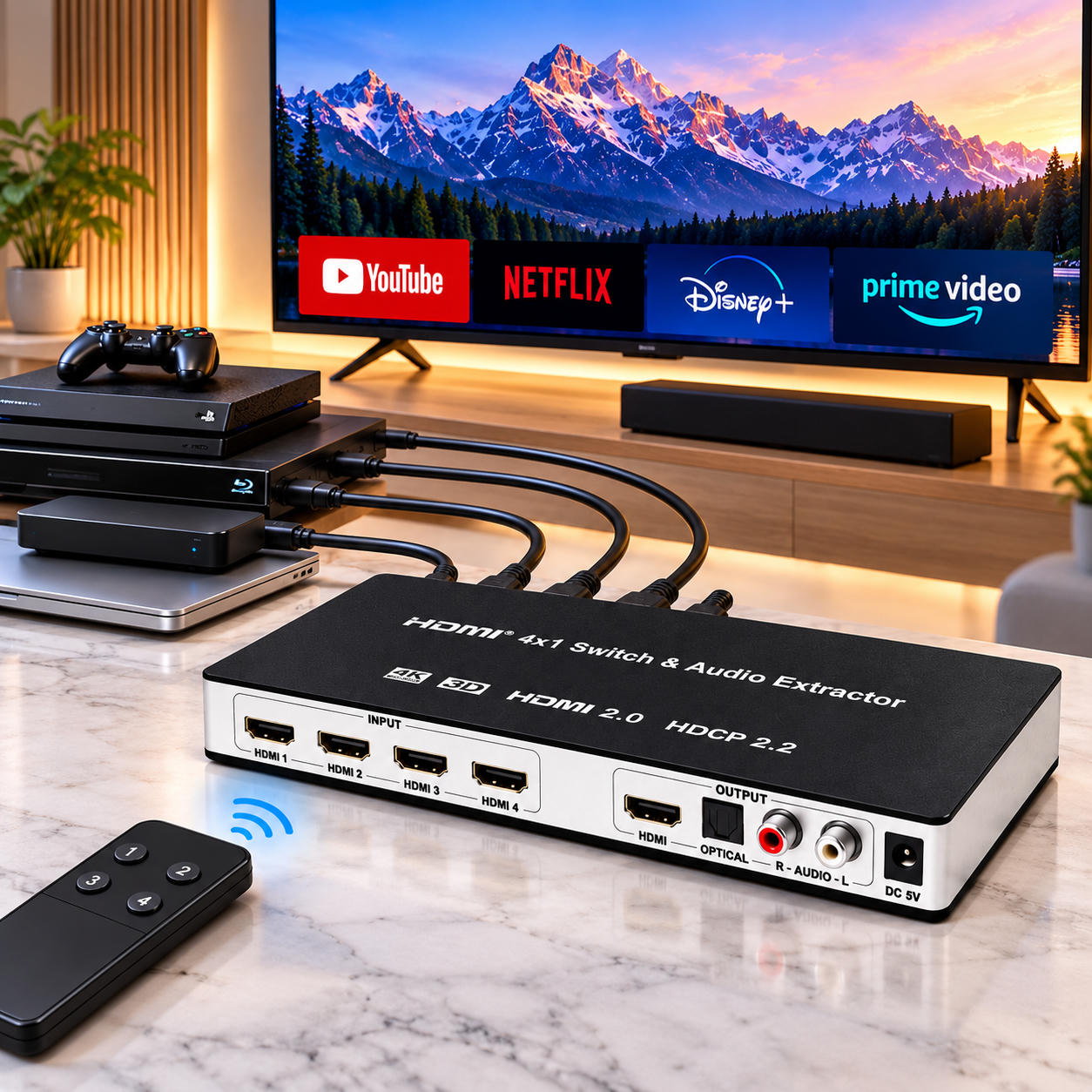 Ein HDMI 4x1 Switch und Audio-Extraktor, verbunden mit Geräten, einem Fernseher im Hintergrund und einer Fernbedienung.