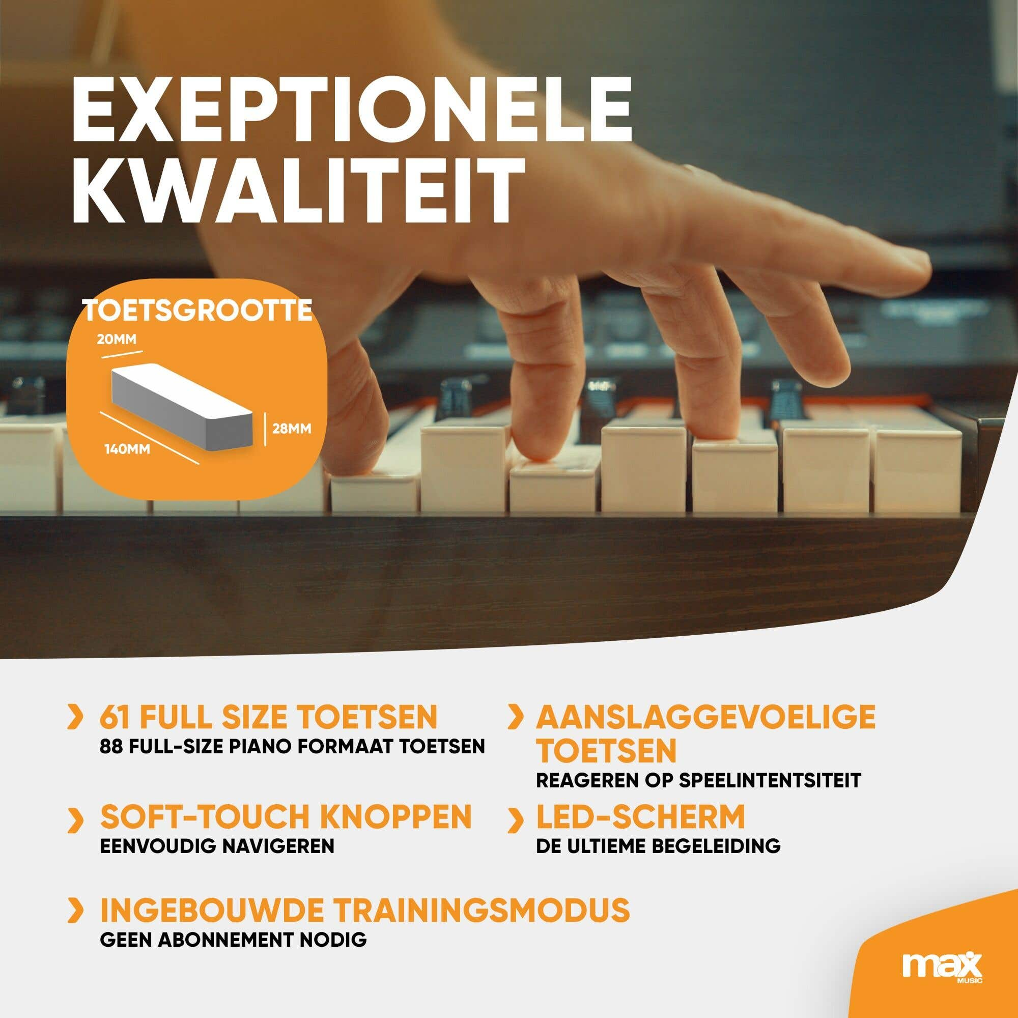 Une main joue du clavier, avec des caractéristiques en néerlandais et un graphique des dimensions.