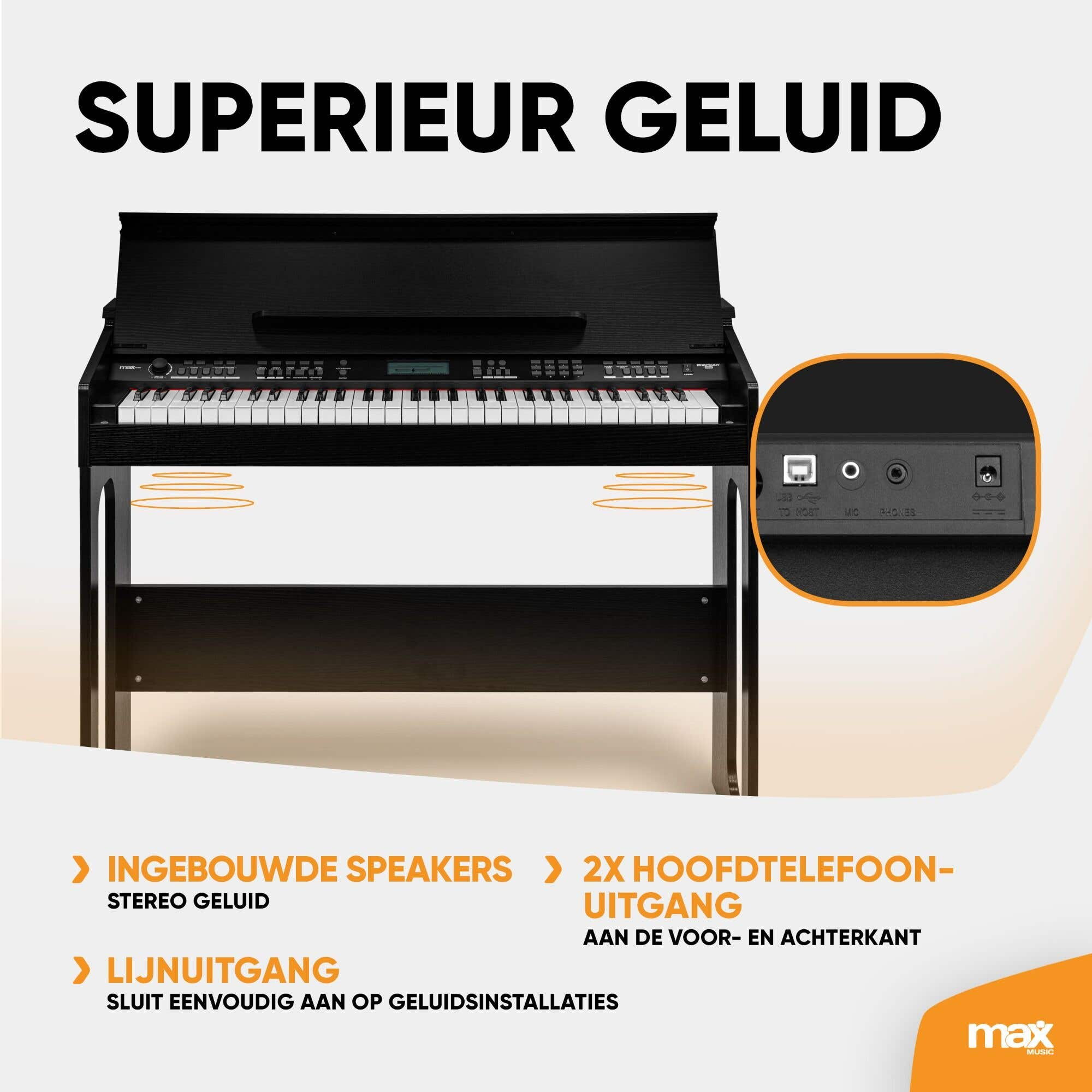 Un piano numérique noir avec haut-parleurs intégrés et ports sur une affiche promotionnelle blanche.