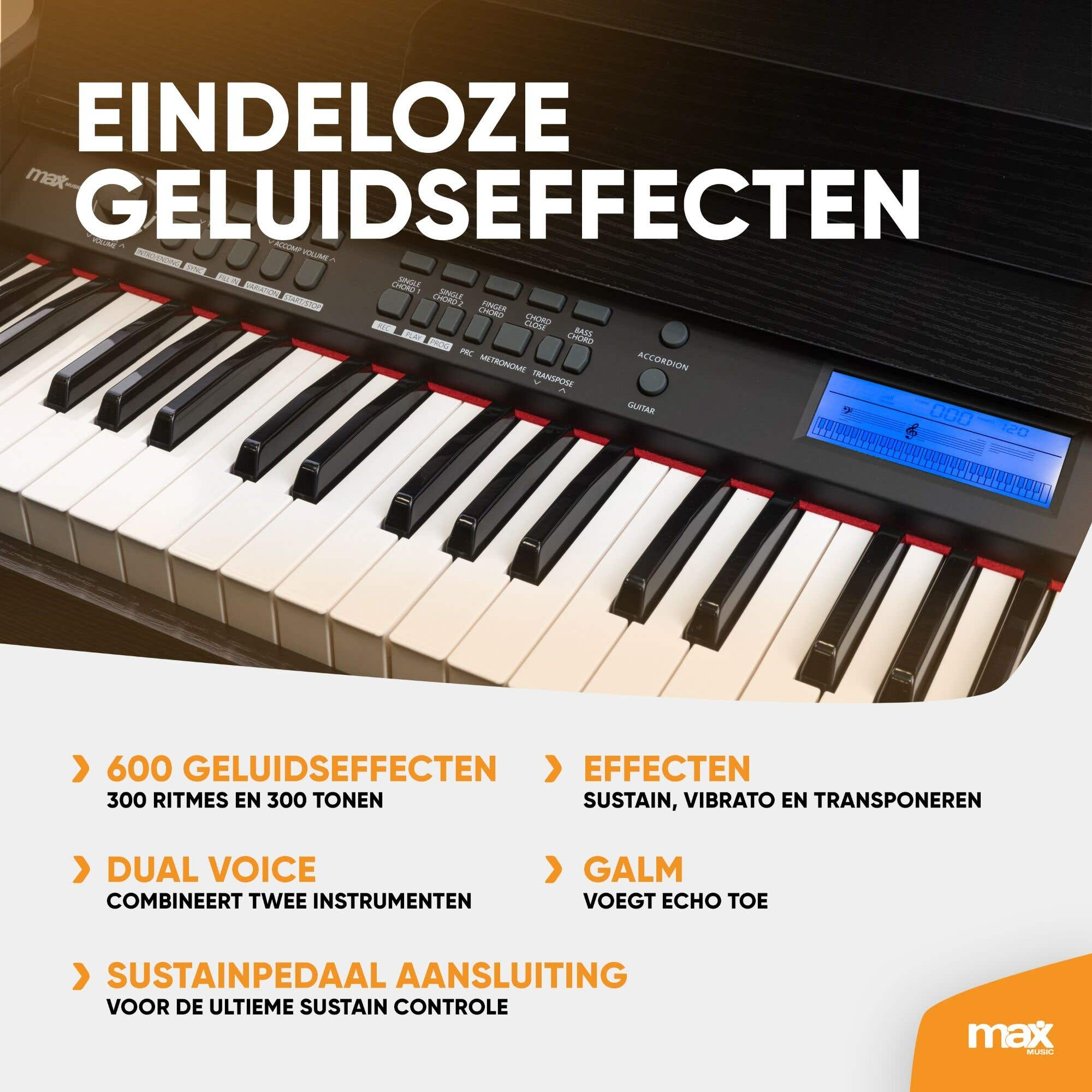 Un clavier électronique noir avec des touches blanches et un écran bleu, promouvant des effets sonores.