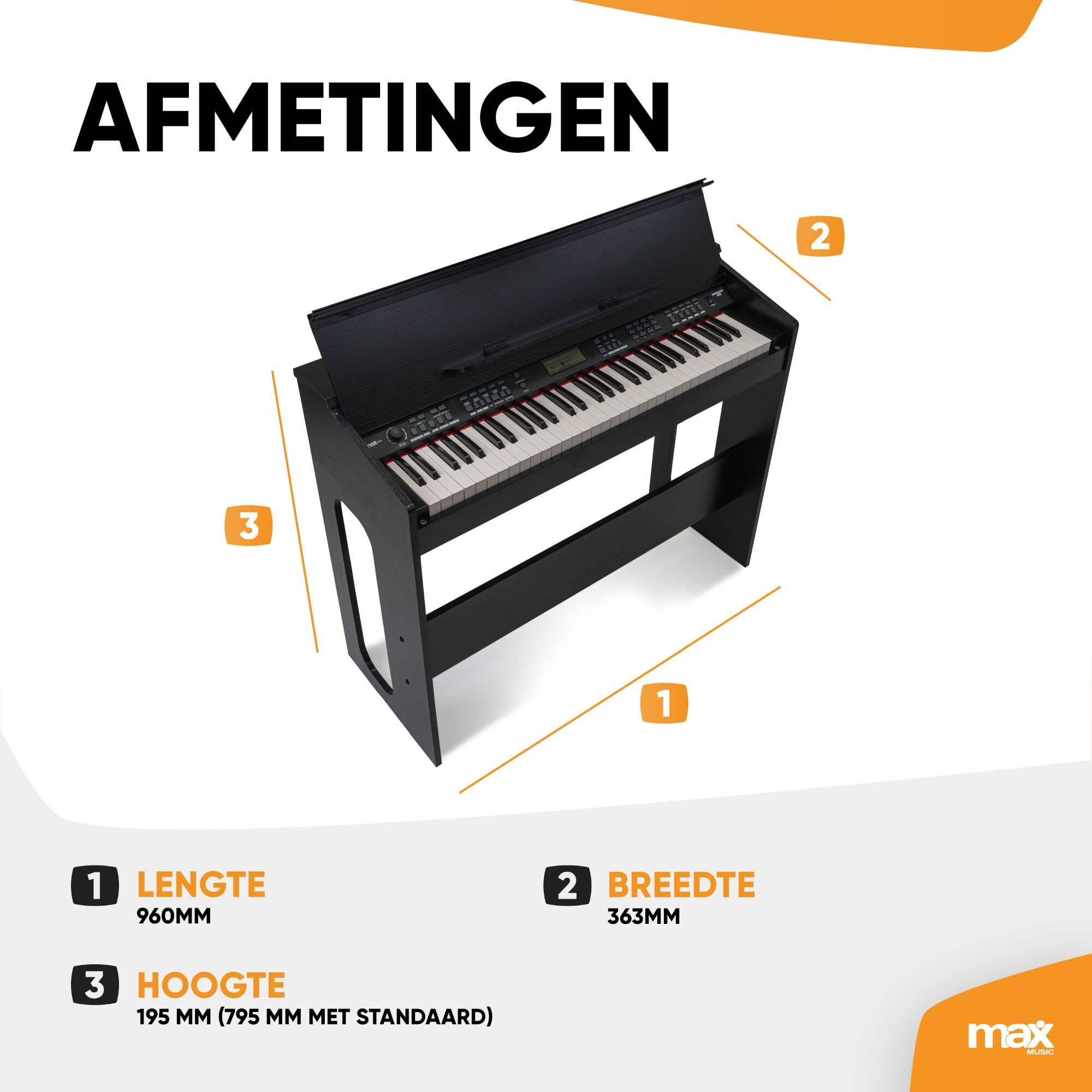 Diagramme montrant les dimensions d'un piano numérique noir avec des mesures de longueur, de largeur et de hauteur.