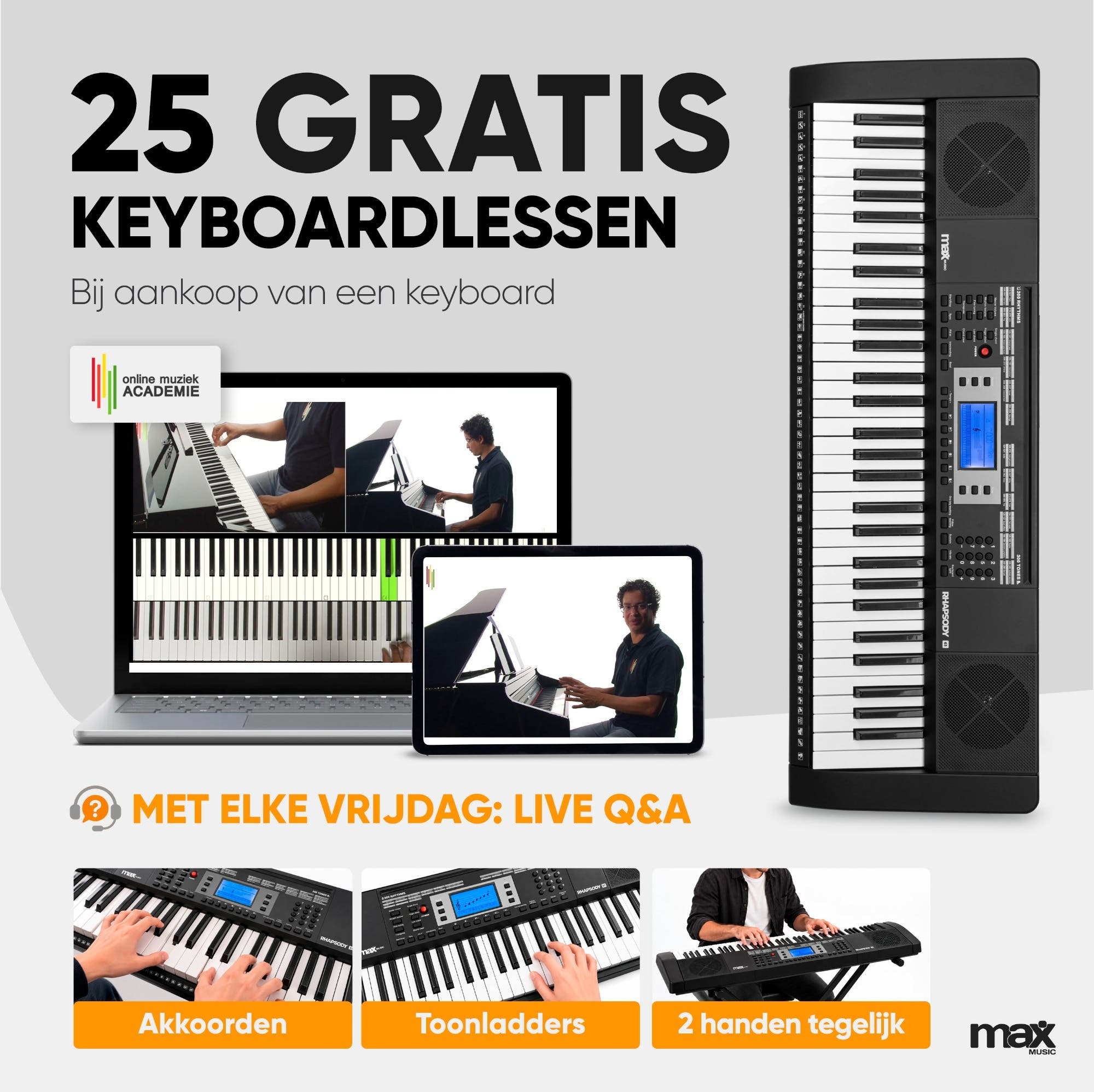 Publicité pour 25 cours de clavier gratuits avec un achat de clavier, montrant un ordinateur et une tablette.