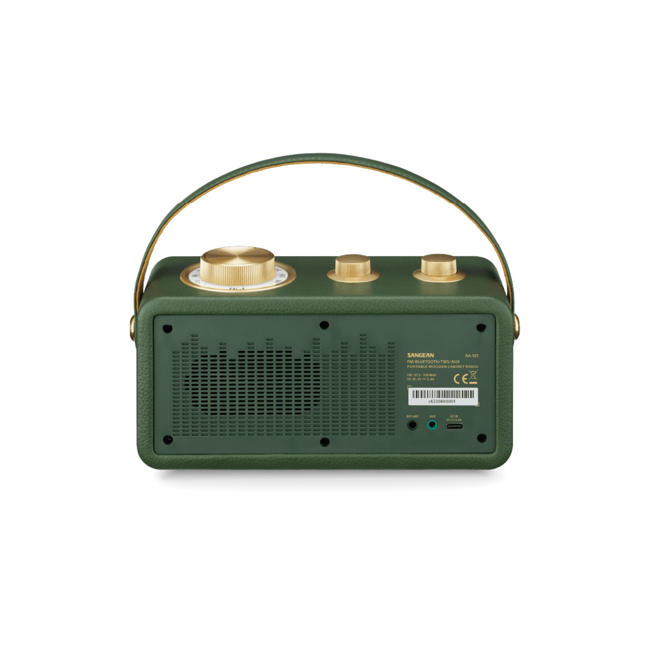Radio portátil verde con perillas doradas, asa de transporte y puertos de conexión en la parte trasera.