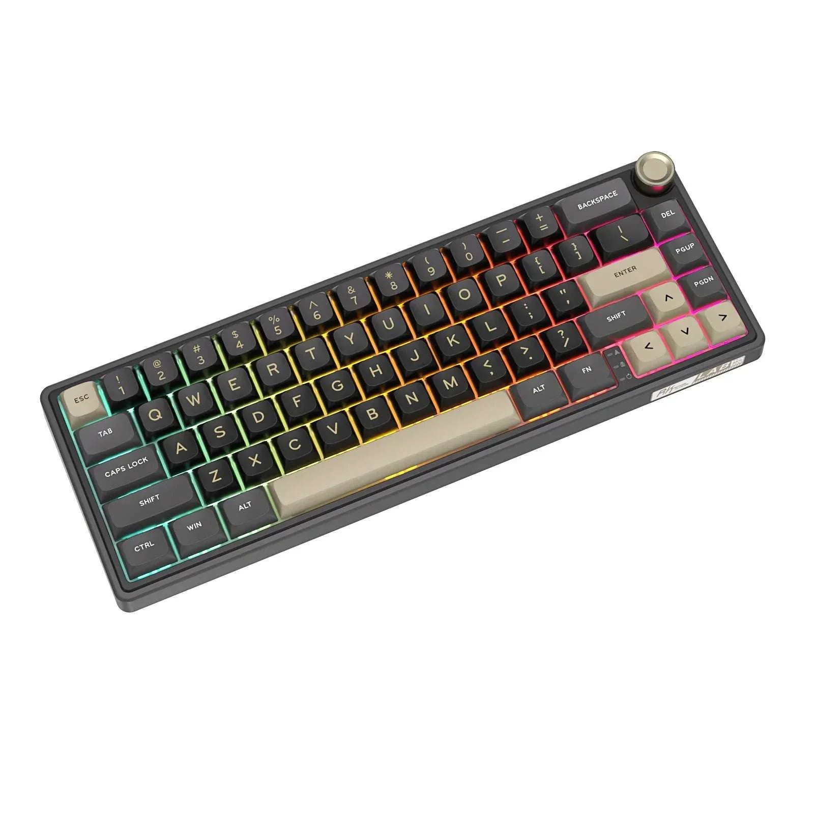 Kompaktowa klawiatura mechaniczna z szarymi i beżowymi klawiszami, podświetleniem RGB i pokrętłem w prawym górnym rogu.