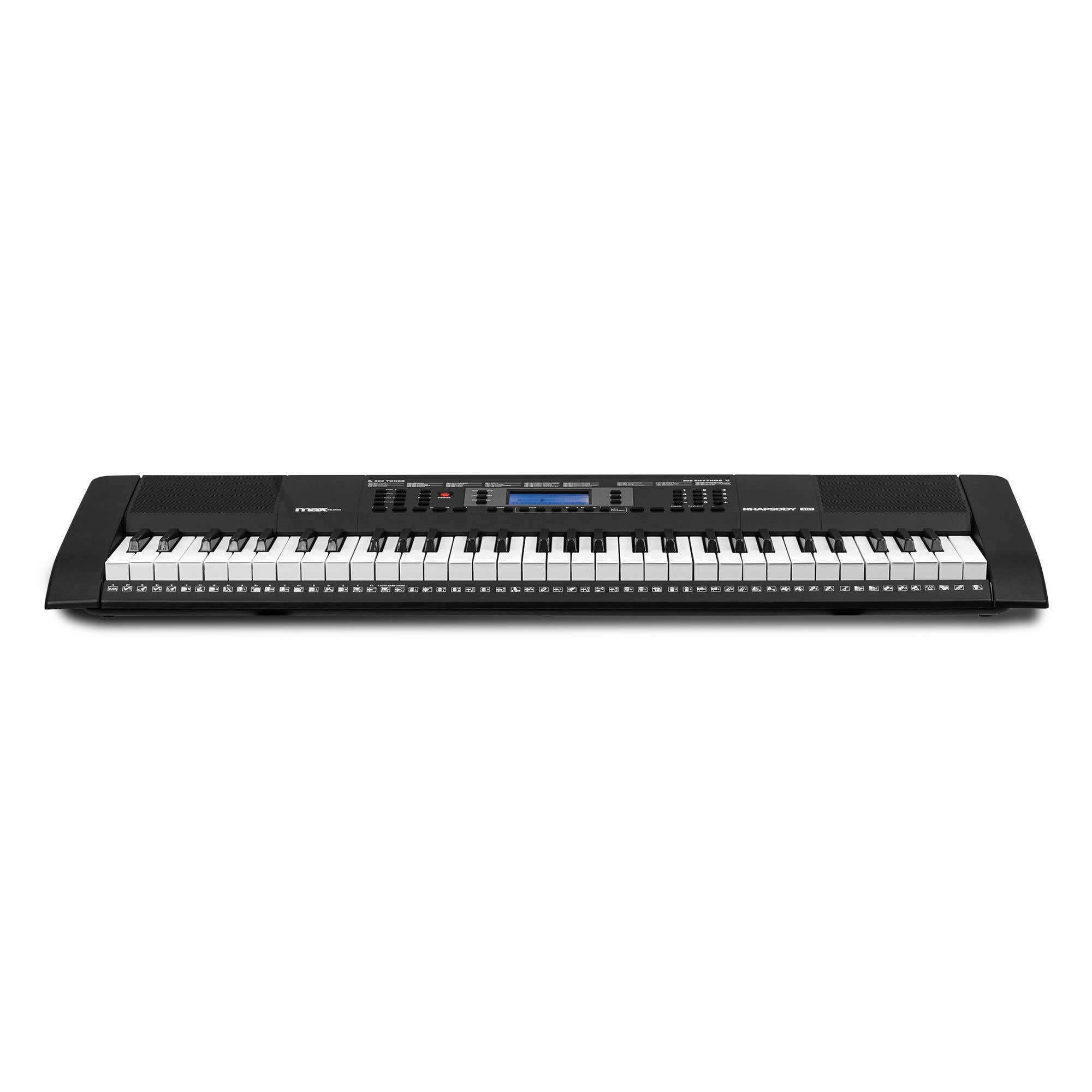 Un teclado electrónico negro con teclas blancas y negras, botones de control y pantalla en fondo blanco.