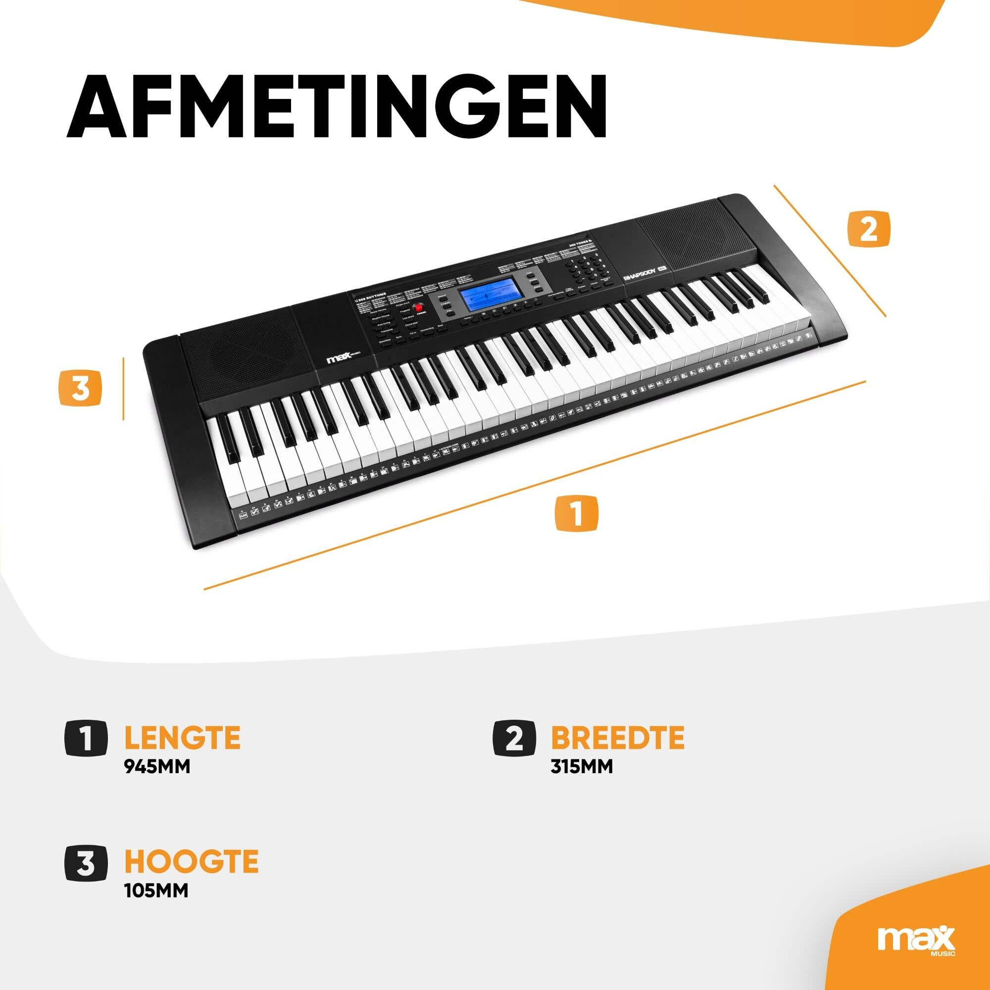 Diagrama que muestra las dimensiones de un teclado electrónico: largo 945mm, ancho 315mm, alto 105mm.