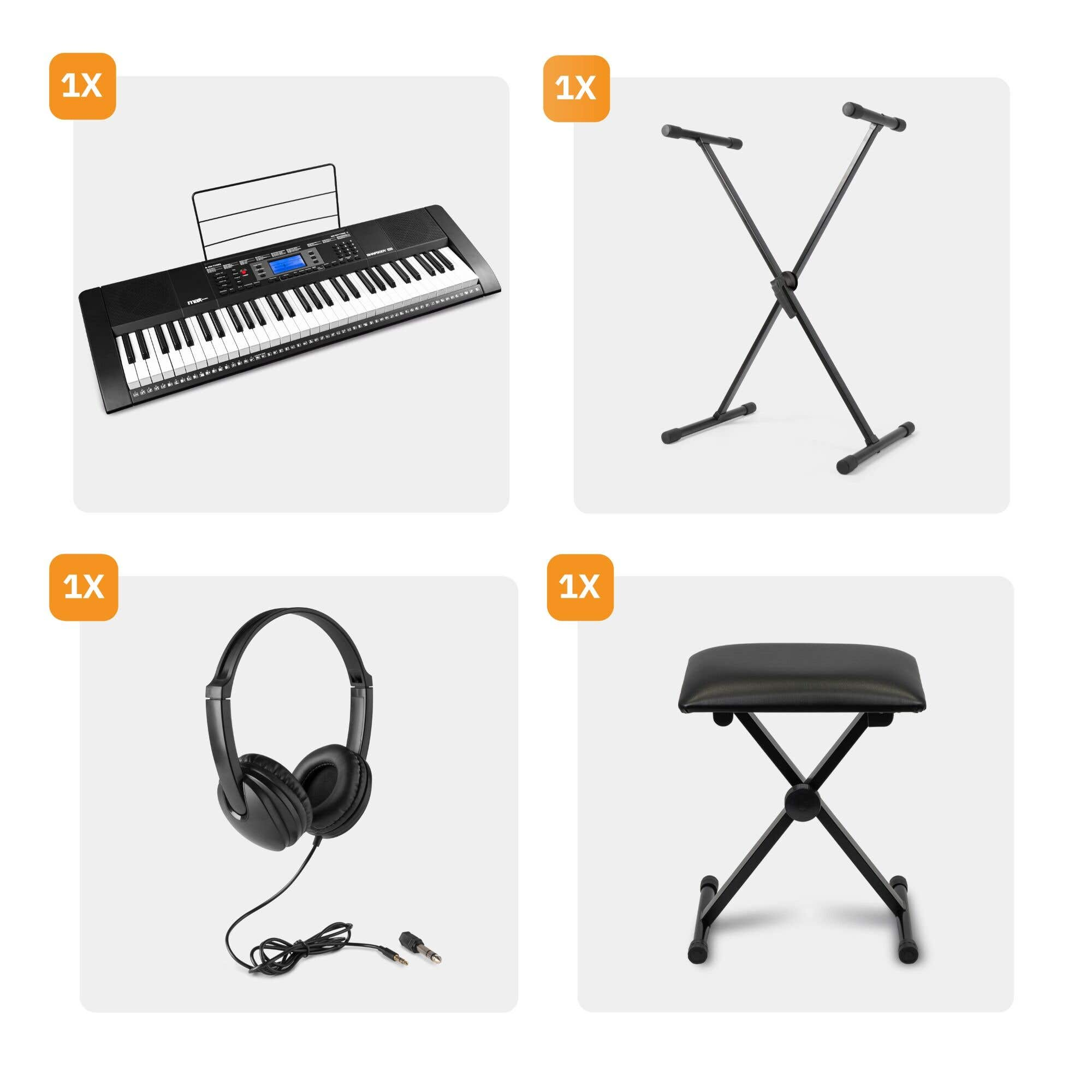Cuatro paneles que muestran un teclado, un soporte en X, auriculares negros y un banco ajustable sobre gris claro.