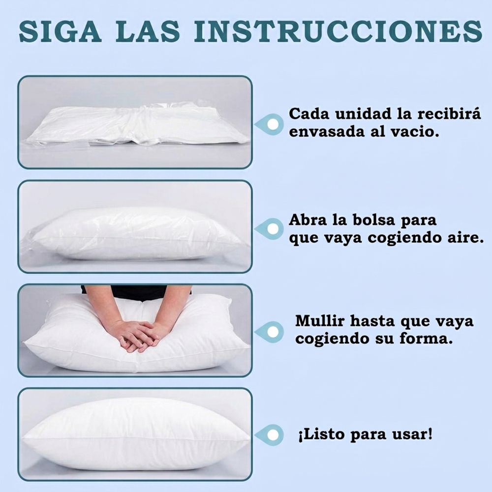 Instrucciones en cuatro pasos para abrir, airear, ahuecar y usar un cojín envasado al vacío.