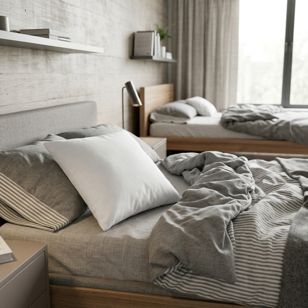 Dormitorio moderno con dos camas de madera, ropa de cama gris y estantes en paredes de hormigón.