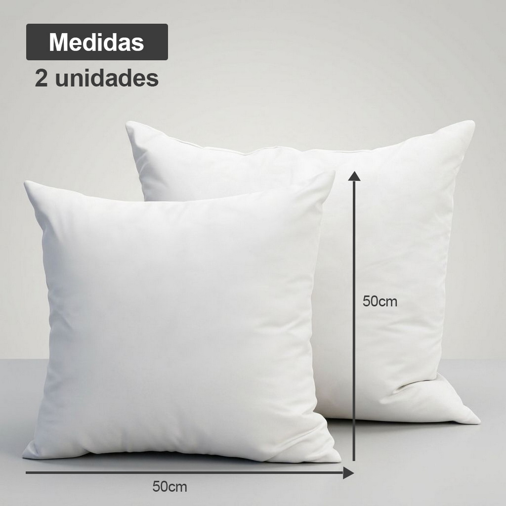 Dos cojines blancos de 50x50 cm cada uno sobre fondo gris con medidas.