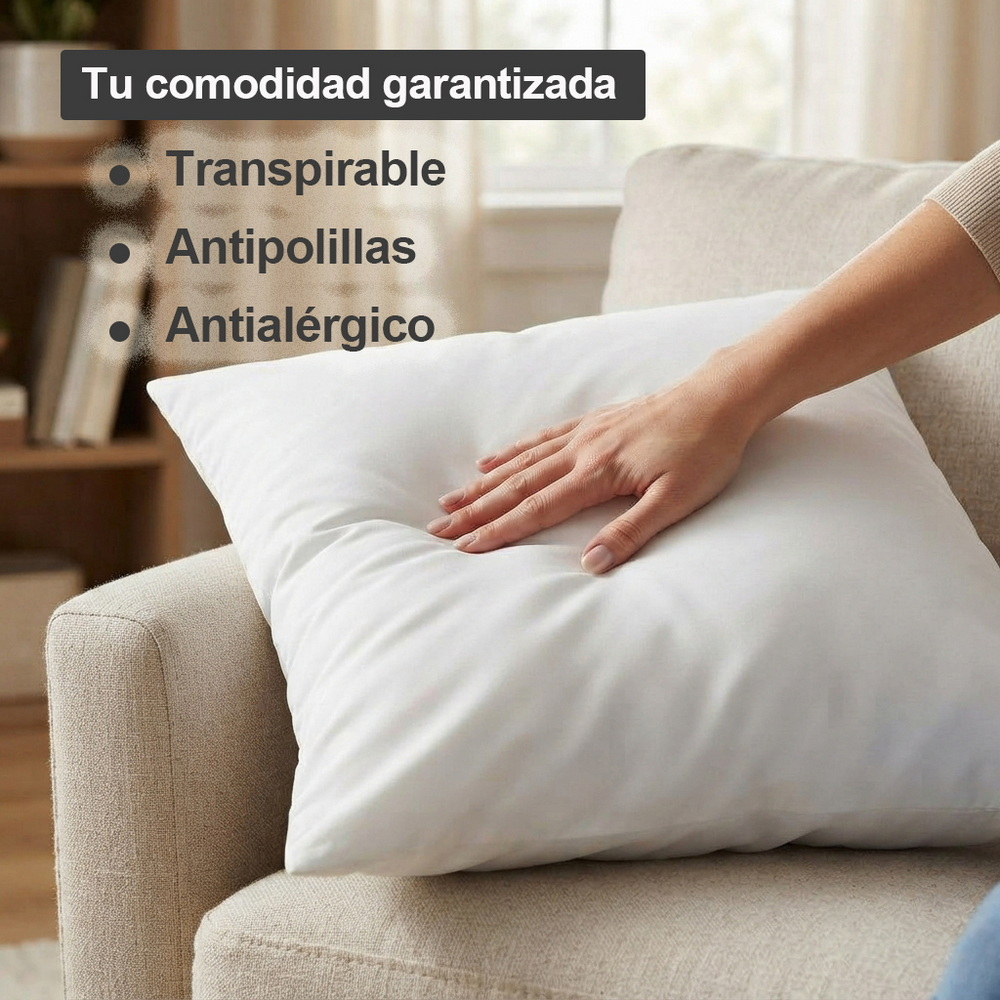 Una mano presiona un cojín blanco suave en un sofá beige, con texto en español.