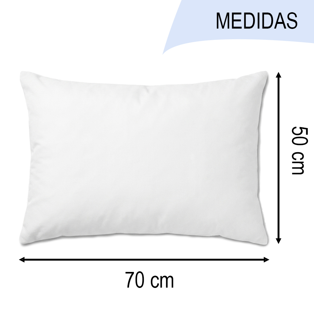 Almohada blanca con dimensiones de 70 cm de ancho y 50 cm de alto.