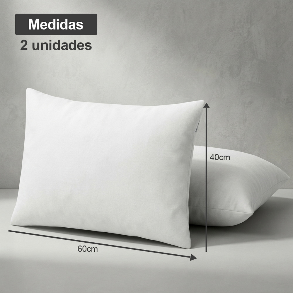 Dos cojines blancos, 60x40 cm, sobre fondo gris con medidas.