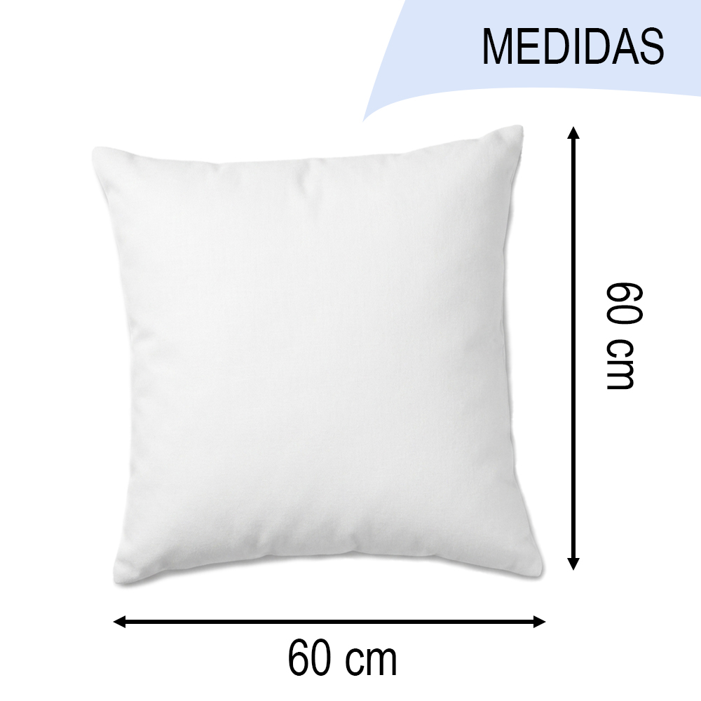 Un cojín cuadrado blanco con dimensiones de 60x60 cm.