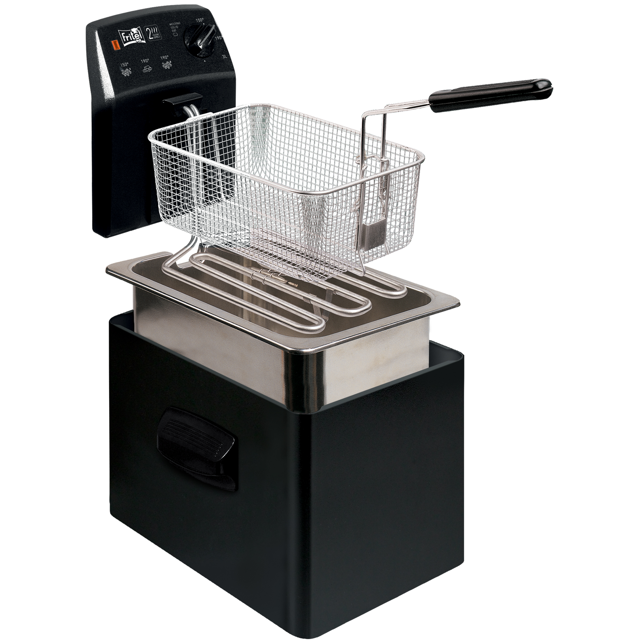 A black deep fryer with a stainless steel basket, heating elements, and control panel on white.