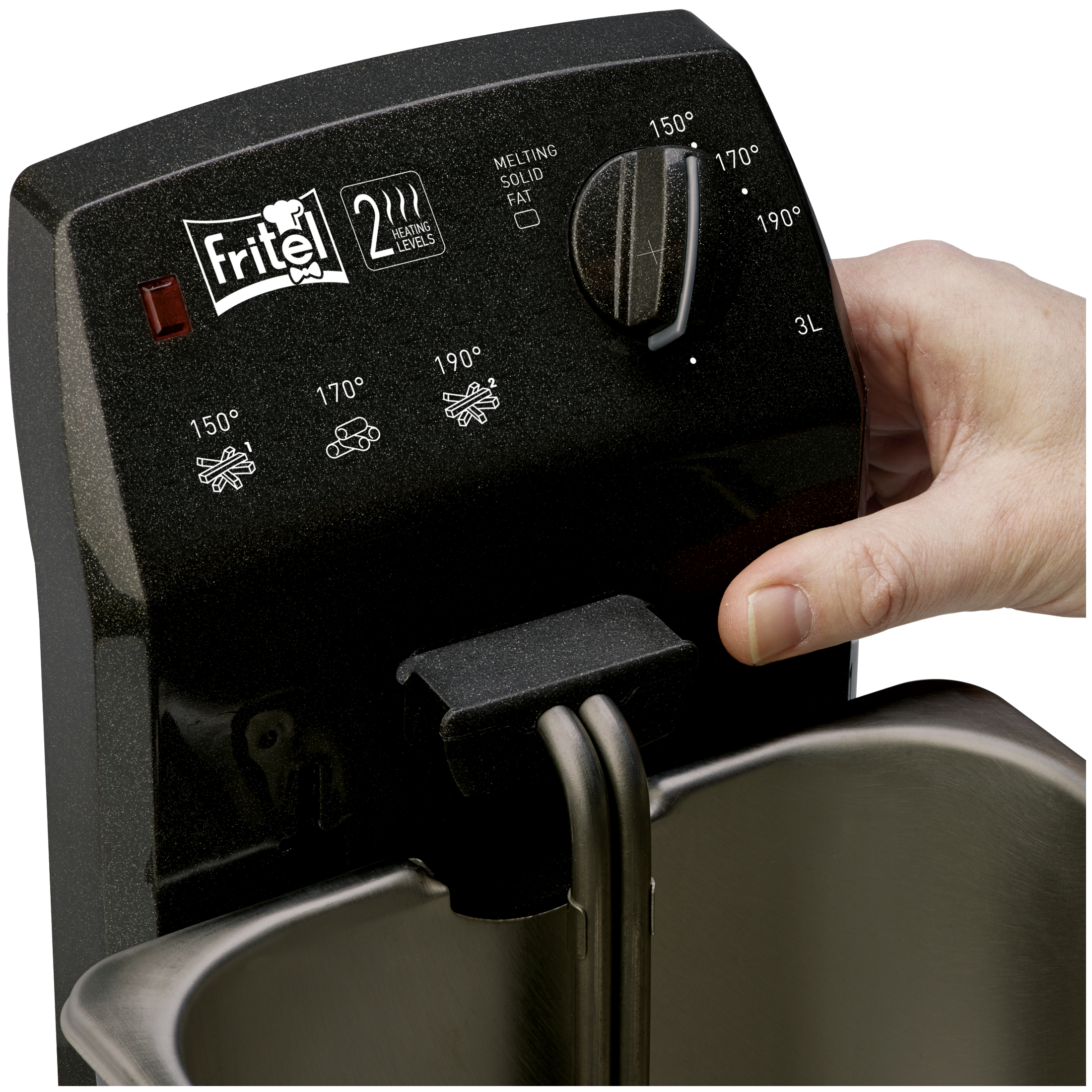 Hand touches the black control panel of a Fritel deep fryer with temperature dial and icons.