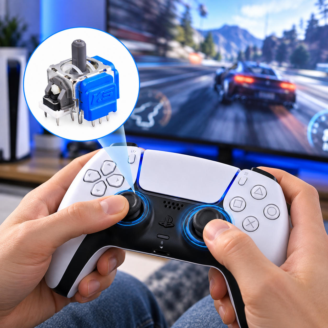 Kontroler PS5 trzymany w dłoniach ukazuje szczegółowy moduł joysticka w ramce, w tle widać grę wyścigową.