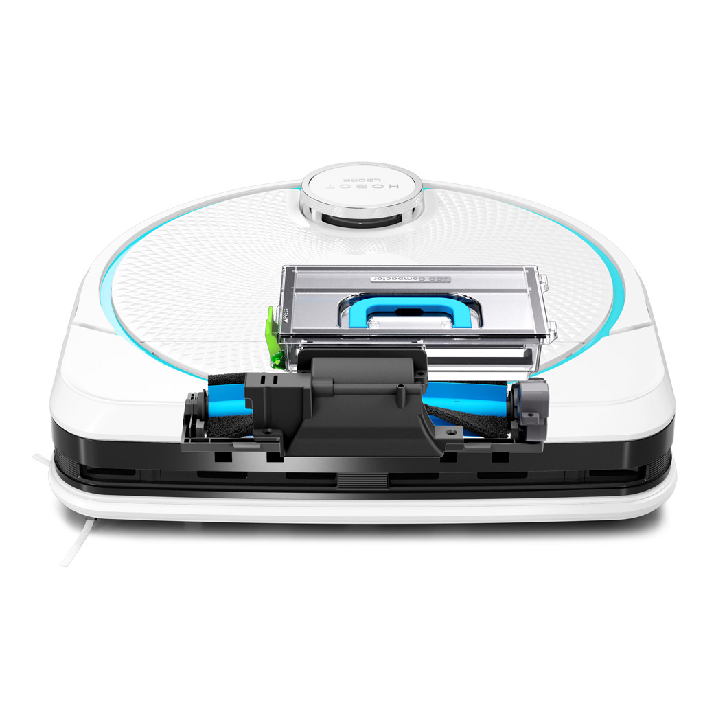 Un robot aspirapolvere bianco con dettagli blu, dotato di spazzola e contenitore per la polvere rimovibili sul davanti.