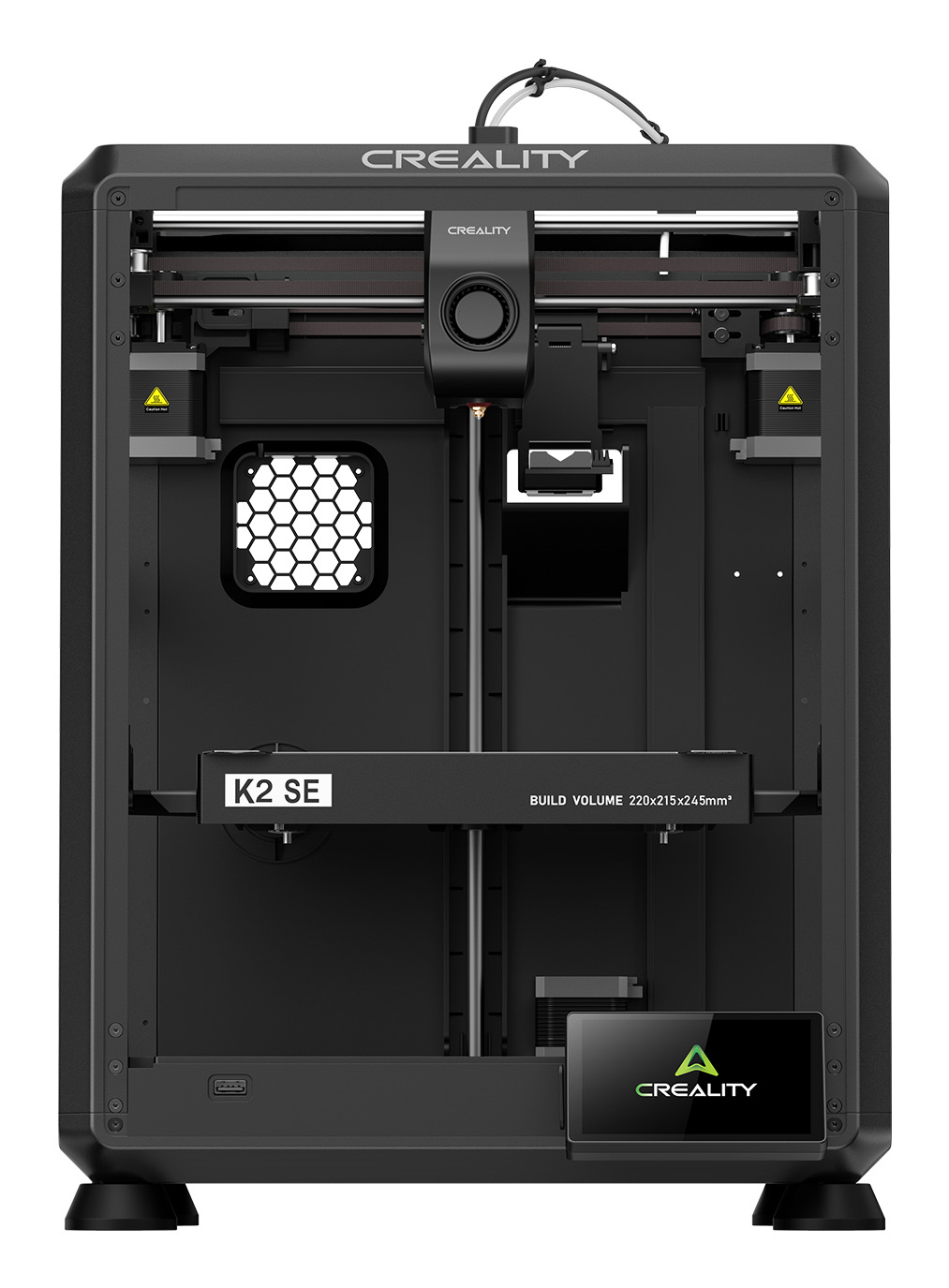 Schwarzer Creality K2 SE 3D-Drucker mit geschlossener Kammer, Touchscreen und sichtbarem Bauraum.